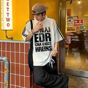抖音得物高品质二开240克宽松纯棉美式潮牌三条杠织带短袖T恤图片