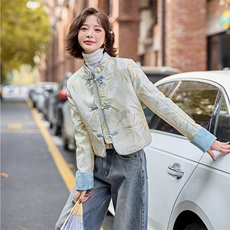 新中式轻薄羽绒服女短款2025年新款春白鸭绒时尚唐装提花外套，女装短外套，水衣源