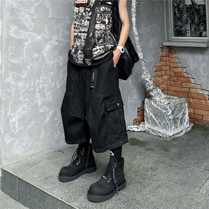 美式高街多口袋黑色七分裤男vibe宽松痞帅阔腿牛仔短裤LF6211-p47,女子短裤怎么搭配图片