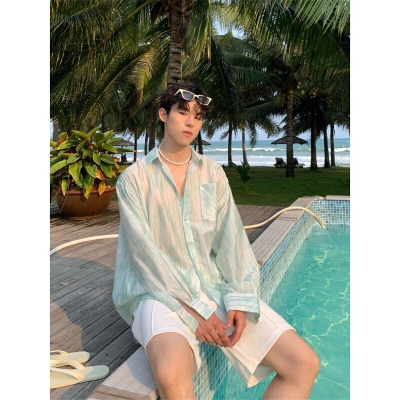 杭州现货绿色条纹衬衫外套女夏季2025新款多巴胺穿搭防晒上衣,男装防晒衣,星座218-1（原230）