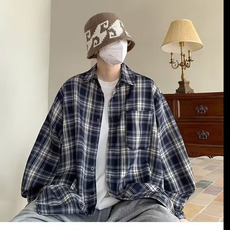 格子长袖衬衫男日系复古潮宽松休闲衬衣外套衬衫网图CS40-P35有货，男装衬衫，星座302B