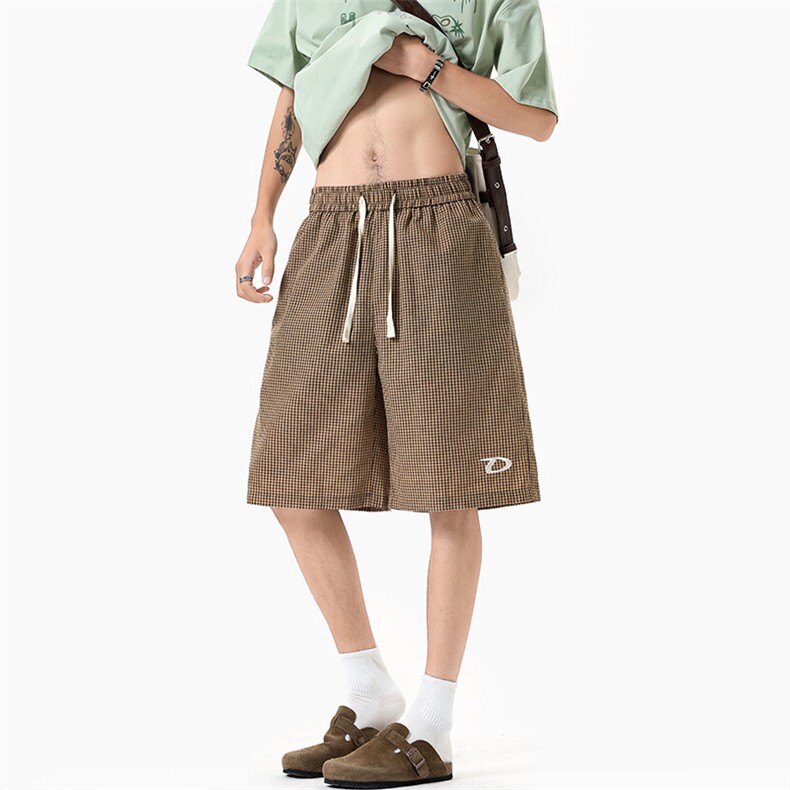 特批P21无差价25夏季高街痞帅刺绣格子运动大码五分短裤男DK5875，男装休闲裤，电商A001