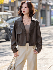 2026春装新款简约时髦风尚短款皮衣外套，女装皮衣，魅丽静蓝