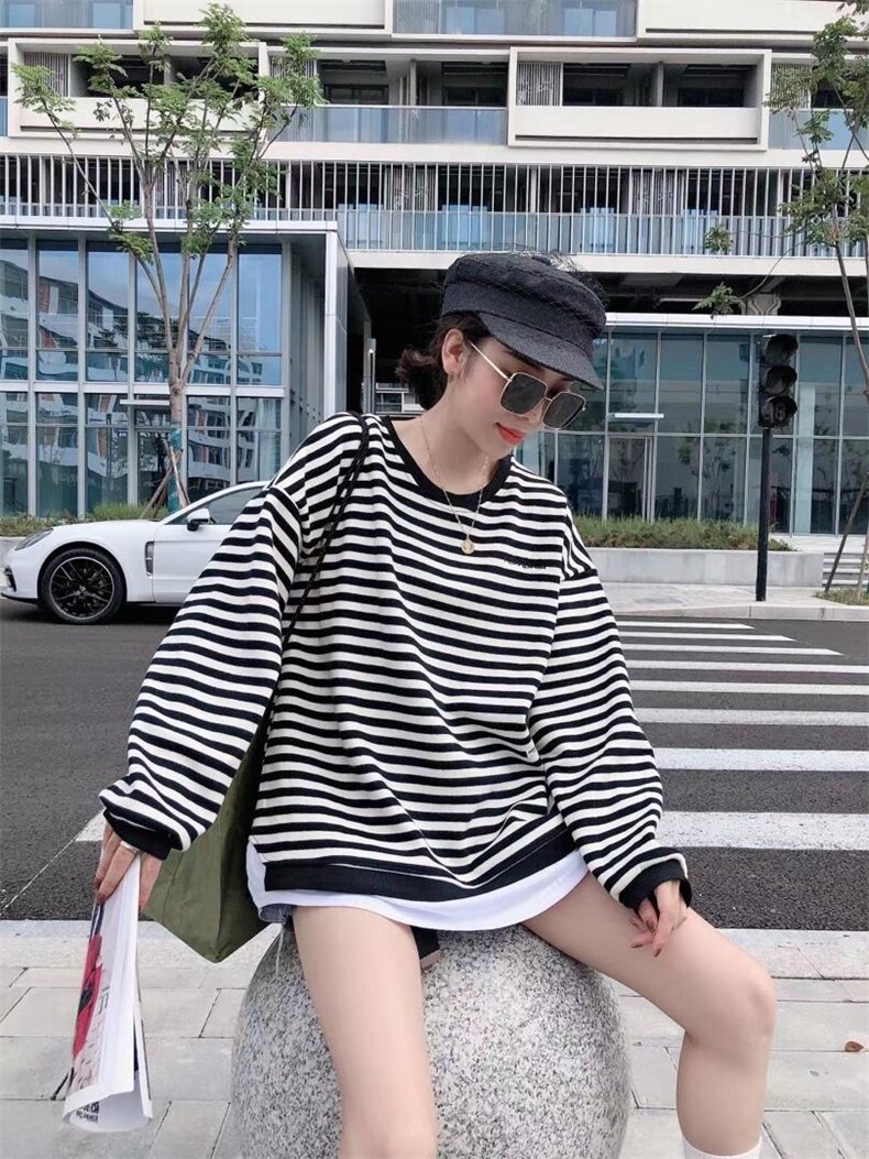 银狐绒条纹假两件卫衣，女装卫衣/绒衫，一杭