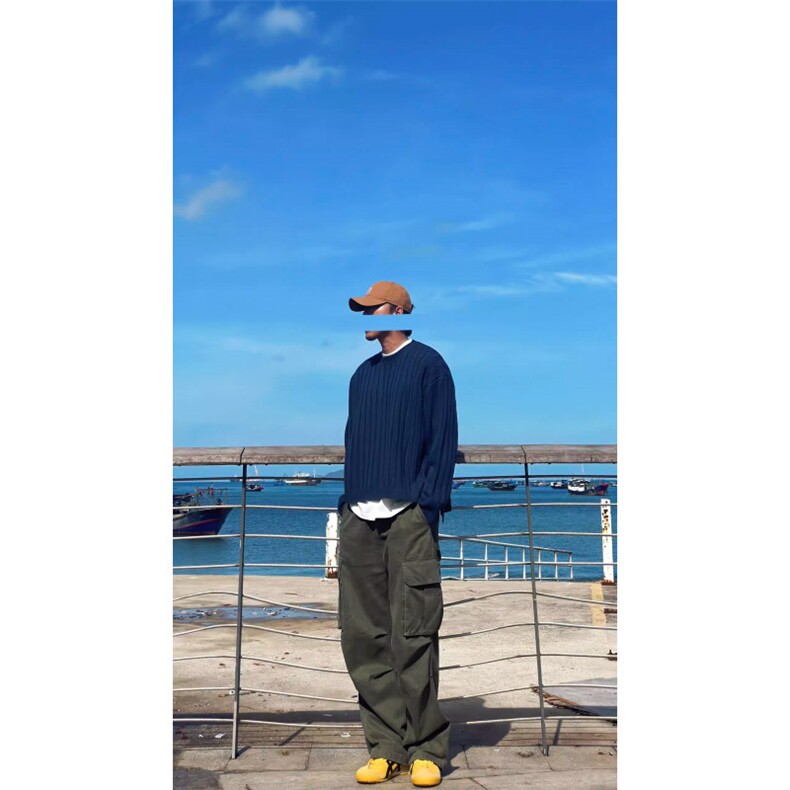少年感cleanfit纯色编织毛衣男春秋新款宽松圆领长袖拼接针织衫潮,男装针织衫/毛衣,星座506A