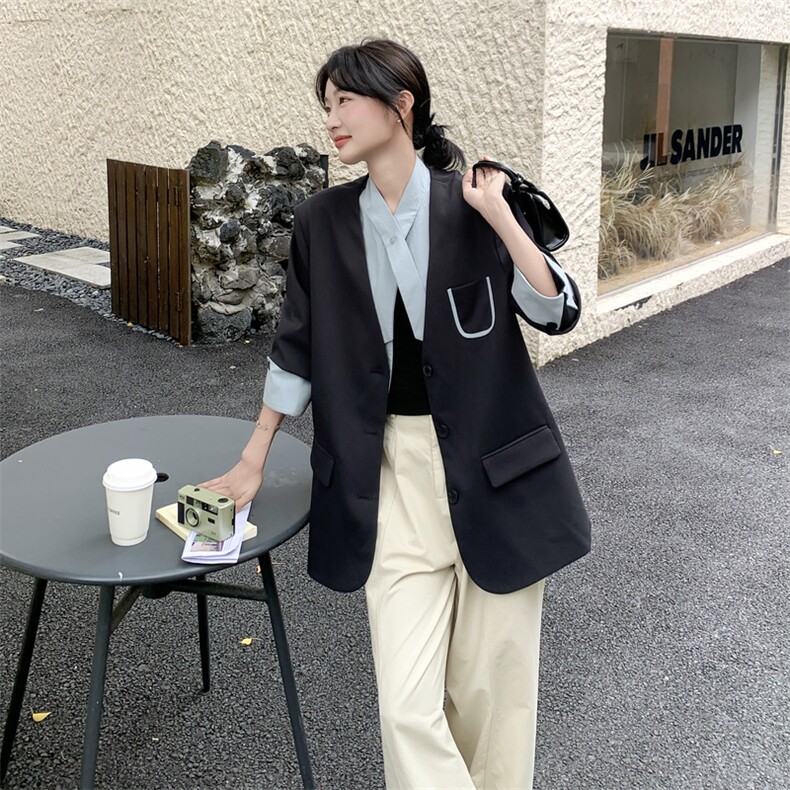 通勤拼接假两件短款西服上衣女春秋超火好看高级小众职业西装外套,女装西装,韩蜜菓