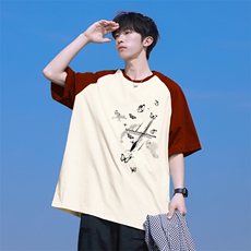 抖音得物高品质二开240克宽松纯棉美式潮牌插肩袖拼接短袖T恤，男装T恤，电商A486-1