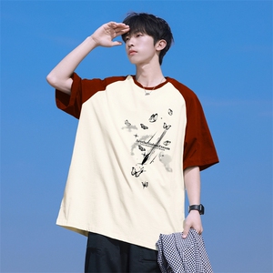 抖音得物高品质二开240克宽松纯棉美式潮牌插肩袖拼接短袖T恤图片