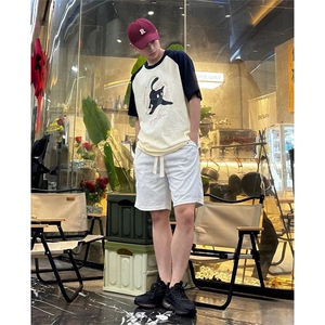 抖音得物供货240克宽松纯棉美式潮牌印花插肩袖拼接短袖T恤AT1520图片
