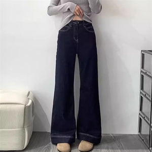 深蓝色不贴腿微喇牛仔裤女秋季小个子辣妹加绒高腰显瘦马蹄喇叭裤图片