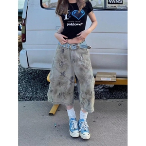 美式脏染阔腿牛仔七分裤男女夏季做旧废土风黄泥弯刀裤LD288-P52图片