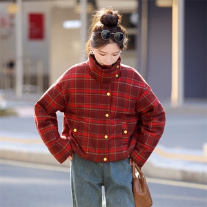 小香风红色格子短款羽绒服女2024冬季新款小个子立领白鸭绒面包服图片