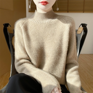半高领加厚元宝针插肩100%纯羊绒衫女长袖软糯保暖针织打底上衣图片