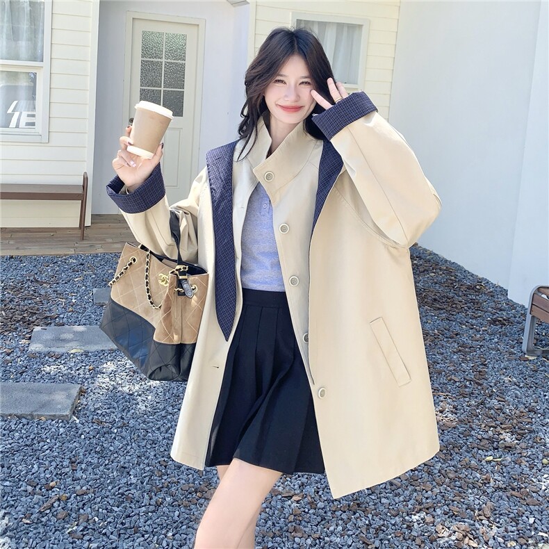 盐甜系格纹拼接连帽风衣外套女2025秋季新款学院风宽松小个子大衣，女装风衣，慧尚依恋