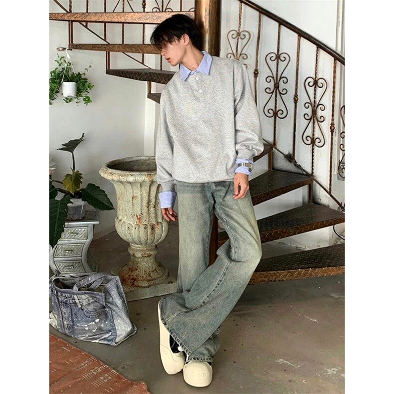 抖音得物高品质26春装美式高街假两件衬衫领长袖卫衣POLO领打底衫,男装T恤,电商A486-1