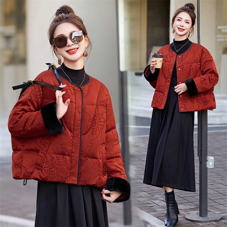 新中式g风羽绒服女2025冬季新款拼接白鸭绒加厚短外套,女装羽绒服,美沁