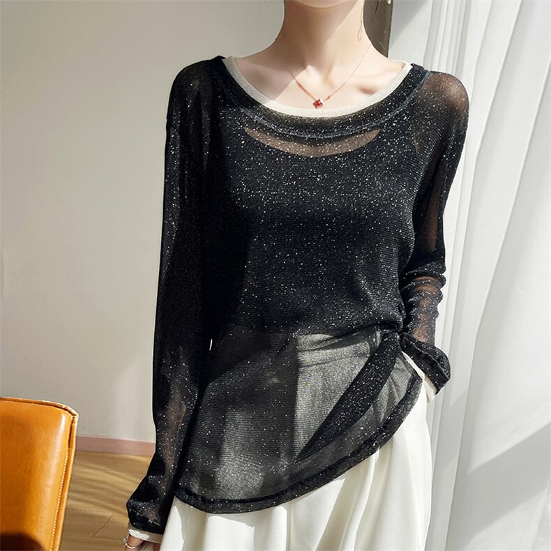 纯欲风假两件圆领防晒罩衫女夏季新款朦胧感星空网纱长袖T恤上衣，女装蕾丝衫/雪纺衫，圣丽羊绒