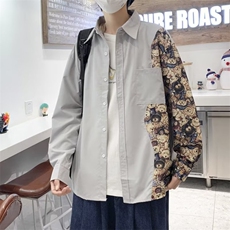 夏季ins潮牌衬衣小熊拼接长袖衬衫男宽松薄款港风外套W3567-P32，男装衬衫，星座512-2