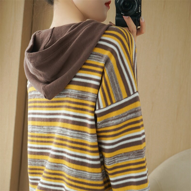 2025早秋新款棉线连帽针织衫女条纹卫衣宽松薄款长袖打底外穿上衣，女装针织衫/毛衣，欣美羊绒