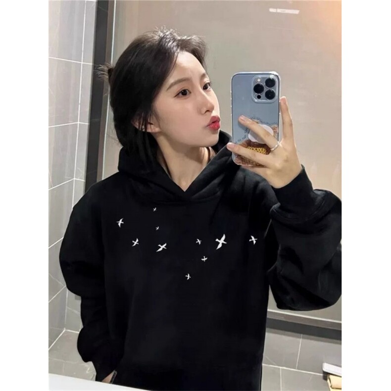 华棉刺绣美式复古连帽卫衣女秋季ins高街潮牌宽松慵懒风情侣外套,女装短外套,四季星座505