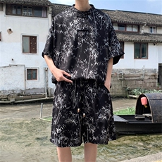 量大优供视频新风竹叶印花冰丝短袖短裤套装男TZ2403-特P50，男装休闲套装，电商A028