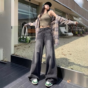 美式复古直筒牛仔裤女春秋季2025新款黑灰色高腰显瘦宽松拖地裤子图片