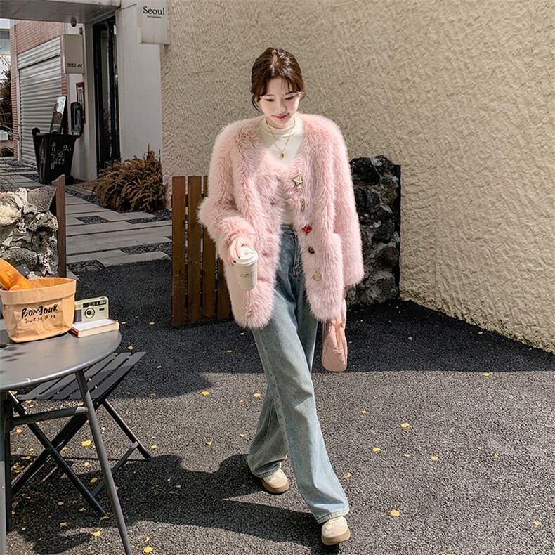 奶fufu环保仿皮草毛毛外套女2024冬季短款宽松软糯洋气粉色高级感,女装短外套,2C133