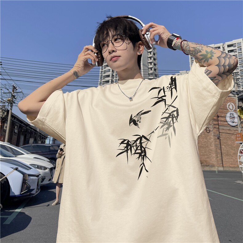 抖音品质直播得物风新中式竹叶印花短袖T恤dcm298-特批20控38图片