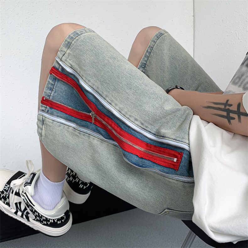 B221美式ins高街暗黑小众拉链牛仔短裤五分裤LK23094-P65控88,男装牛仔裤,电商B221