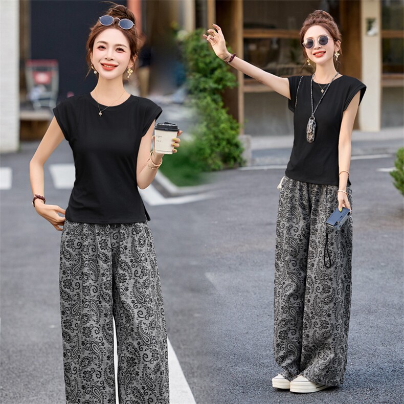 三件套2025夏季新款韩版宽松百搭T恤松紧腰提花阔腿裤女显瘦长裤，女装套装/套裙，江南女神