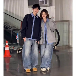 网络图 新款假两件男女同款情侣装拼接格子休闲卫衣图片