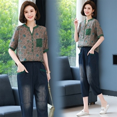 时尚休闲套装女2025夏季新款洋气减龄妈妈碎花衬衫牛仔裤两件套潮，女装套装/套裙，简韵佳