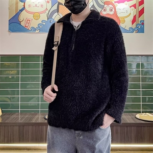 秋冬季仿貂绒毛衣男宽松半拉链高领针织衫慵懒风套头外套 M865图片