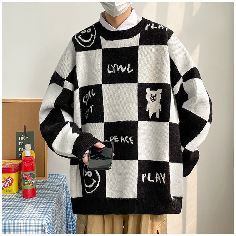 冬季棋盘格圆领加厚毛衣套头风笑脸大码男装羊毛衫休闲针织衫，男装针织衫/毛衣，星座909-2（原星座717-2）