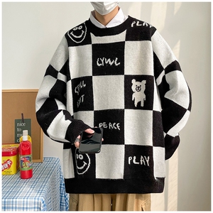 冬季棋盘格圆领加厚毛衣套头风笑脸大码男装羊毛衫休闲针织衫,男装针织衫/毛衣,星座909-2（原星座717-2）