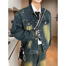 美式复古牛仔套装男春季新款潮男穿搭全身水洗做旧休闲时尚两件套，男装休闲套装，星座716-3