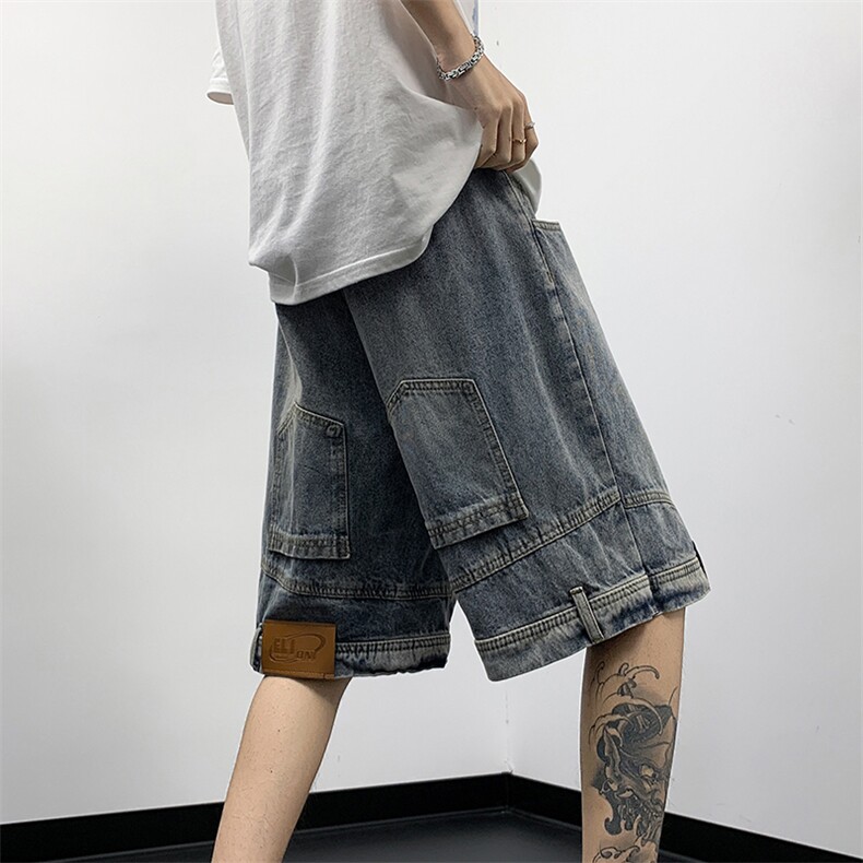美式小众宽松直筒五分裤夏季新款倒装口袋牛仔裤男现货K7905-P42,男装牛仔裤,星座512-3