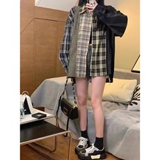 幂式穿搭风polo领格子开衫上衣胖mm大码显瘦外搭慵懒休闲长袖衬衣，男装衬衫，星座1210-1