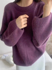 洋气百搭宽松泡泡袖页面上女秋冬圆领慵懒毛衣针织衫，女装羊毛衫，思途羊绒