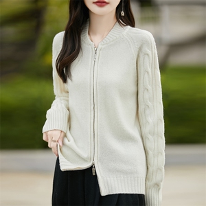 秋冬100%纯羊毛双拉链开衫女立领绞花针织外套宽松羊绒衫外搭毛衣图片