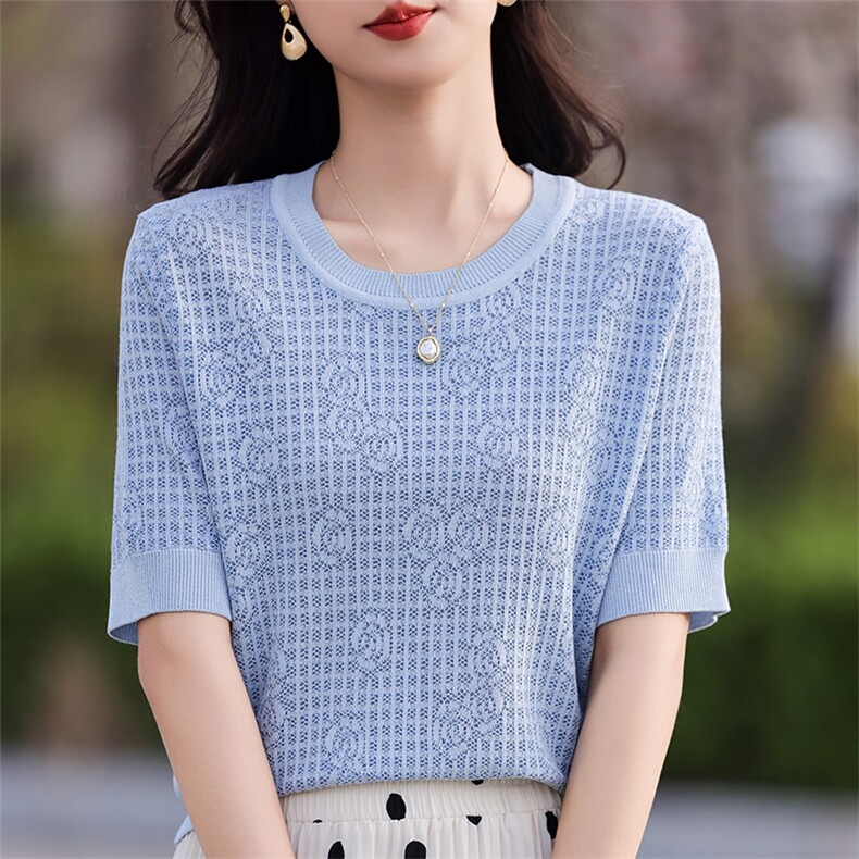 夏季新款时尚气质百搭简约女士圆领镂空玫瑰花短袖,女装T恤,秋虹羊绒