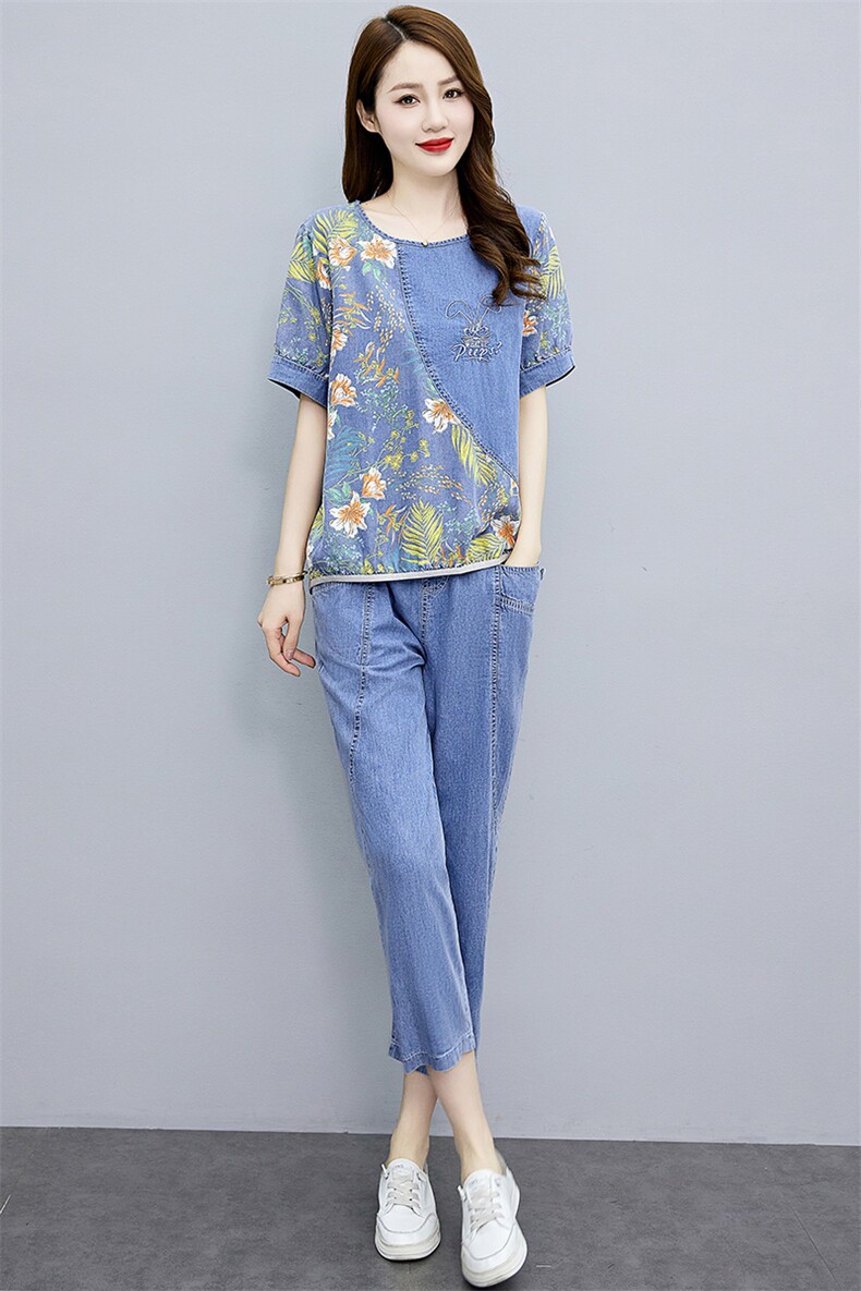 天丝牛仔套装女2024夏新款漂亮上衣宽松显瘦时尚九分裤薄款两件套,女装套装/套裙,魅影