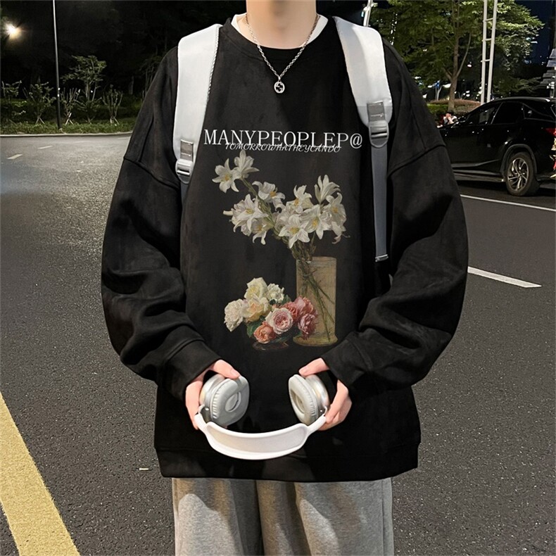 电商DSA028-LPWYF272 100聚酯 P35 新款麂皮绒印花圆领卫衣男限48图片