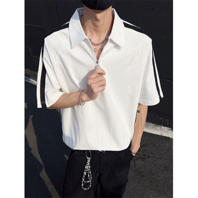 得物300克重磅纯棉宽松撞色打底短袖拉链POLO衫T恤男RH5035-特P40,男装T恤,星座610B-1