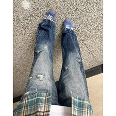 现货美式高街vibe闪电纹破洞牛仔裤男水洗复古直筒裤WLA4111-P45，男装牛仔裤，星座1008
