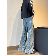 美式高街牛仔裤男韩版潮流拼接帅2024秋冬ins宽松长裤RK2253-P53，男装牛仔裤，星座412-3