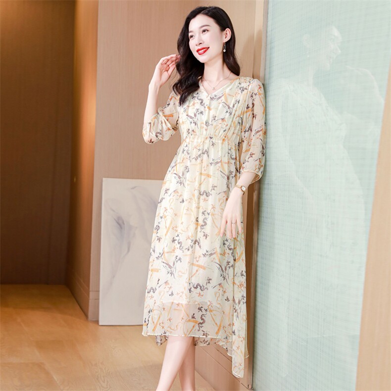 轻奢减龄真丝连衣裙女夏季2025新款高腰显瘦气质七分袖桑蚕丝长裙,女装连衣裙,阿舍尔精品