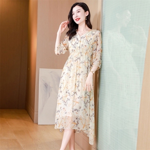 轻奢减龄真丝连衣裙女夏季2025新款高腰显瘦气质七分袖桑蚕丝长裙