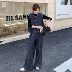 韩系复古牛仔马甲套装女2025秋季新款小个子设计感上衣长裤三件套，女装套装/套裙，2C170