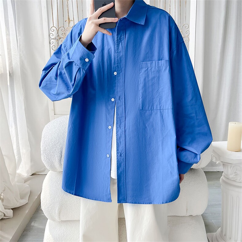 蓝色衬衫男长袖韩版潮流痞帅休闲宽松衬衣外套C2250-特价P47，男装衬衫，电商A007